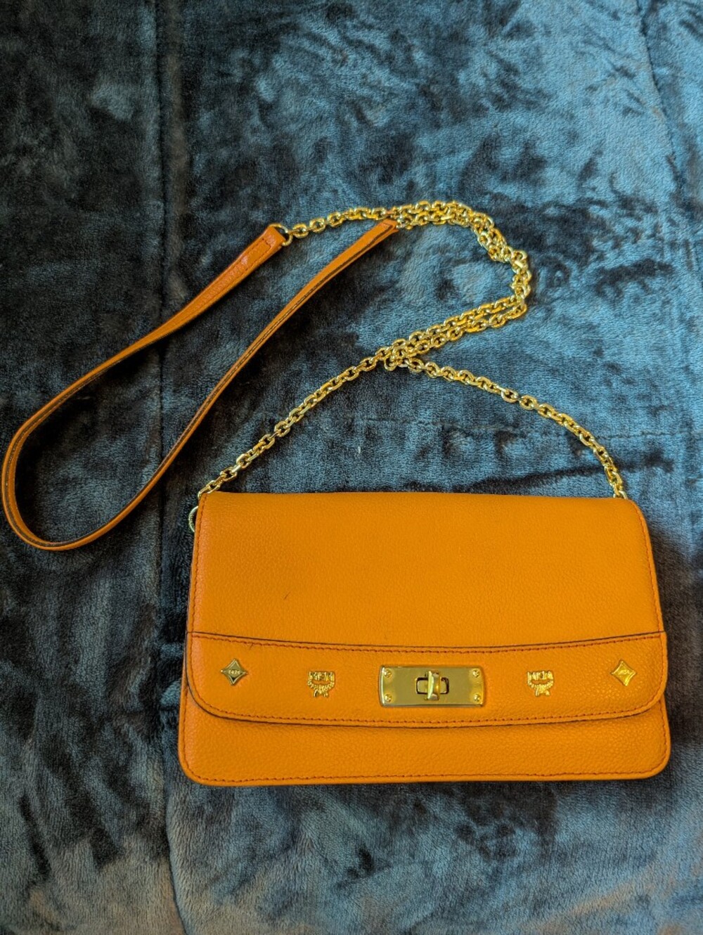 MCM Small Orange Leather Crossbody Bag with Gold Embelms Chain Leather Strap
